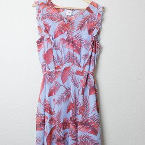 Cabi Isabel Knee Length Dress Palm Leaf Print Light Blue Sleeveless